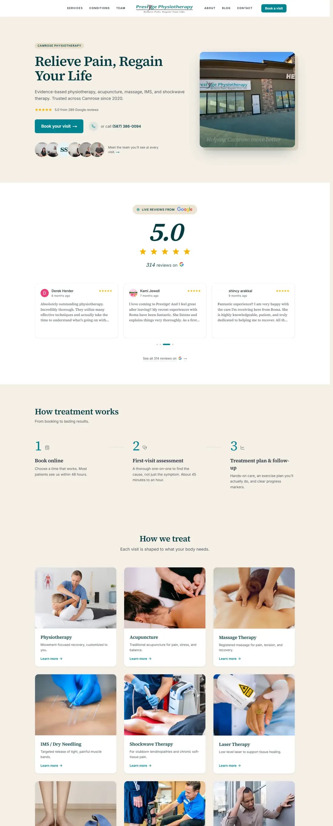 Prestige Physiotherapy website: warm cream design with Relieve Pain Regain Your Life headline, live 5.0 Google review score, treatment steps and service cards