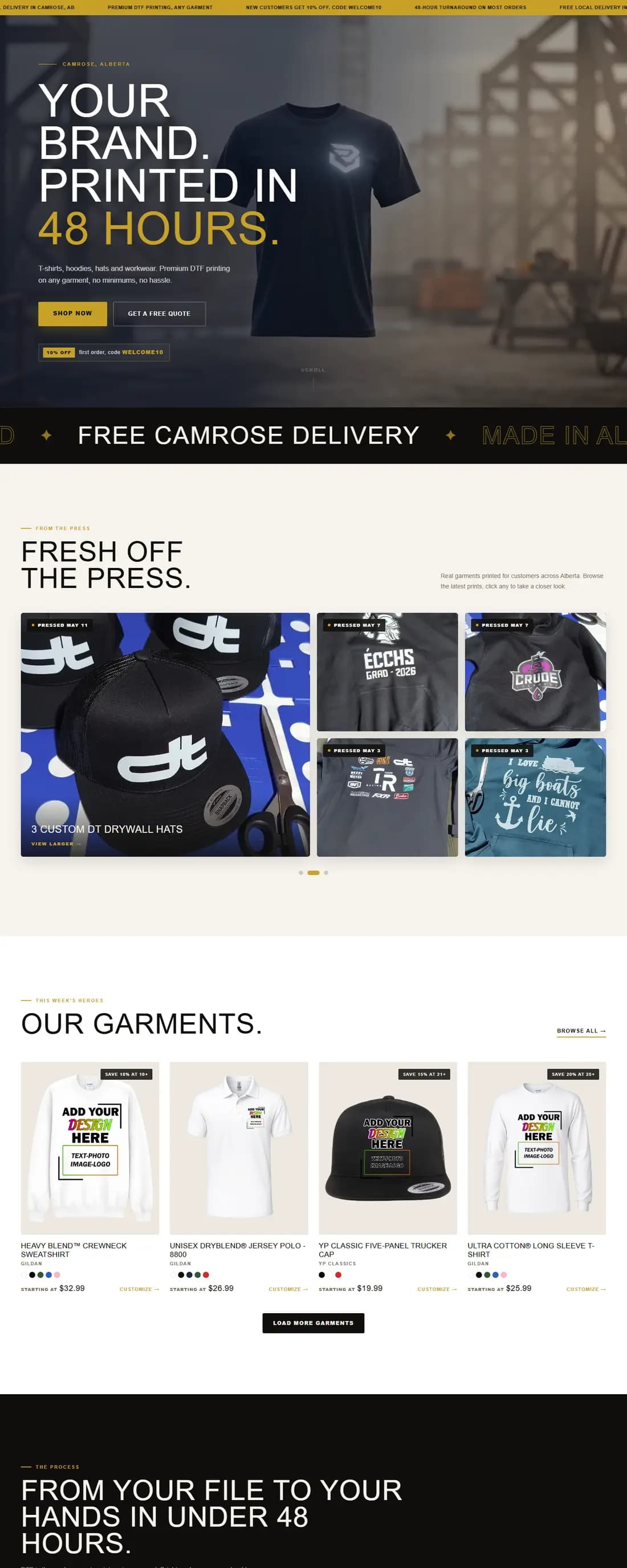 Printify Apparel online store: dark hero reading Your Brand Printed In 48 Hours, gallery of real printed shirts and hats, and a customizable garment catalog